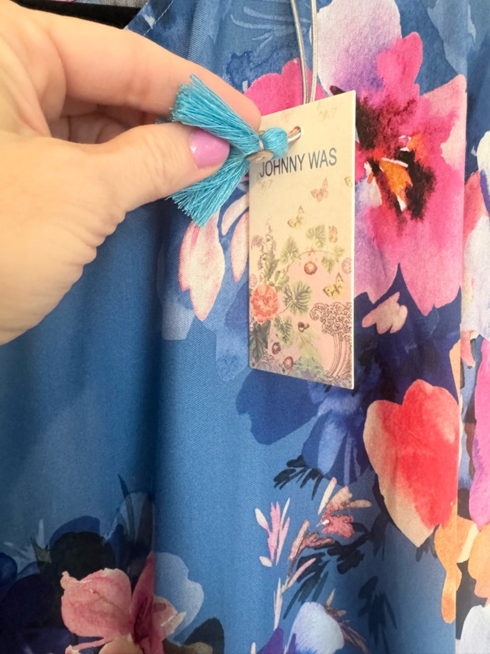 NWT JOHNNY WAS SUMMER DAYS BLUE FLORAL DRESS WITH BRAIDED TIE Size Small - Picture 9 of 9
